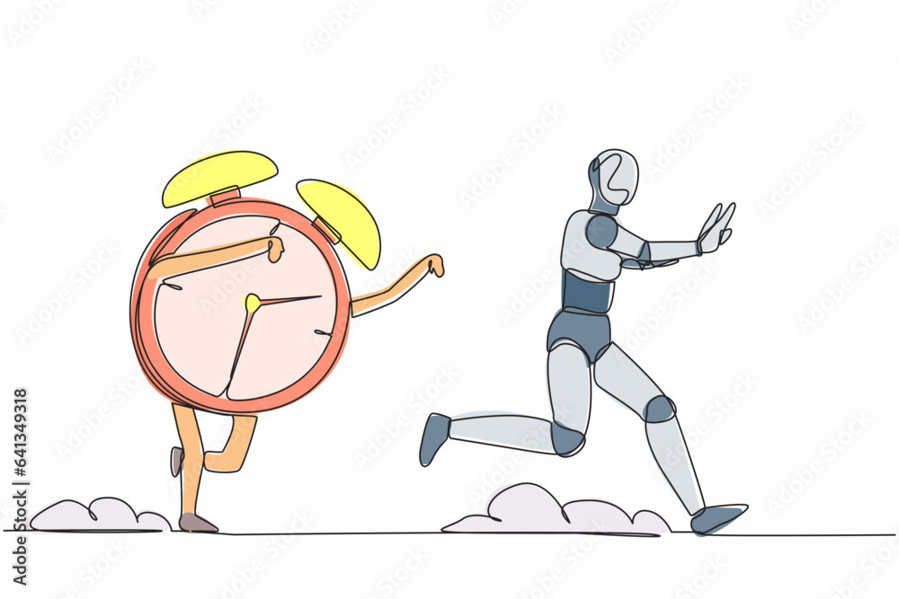 Poster single one line drawing stressed robot being chased by alarm clock. hurry in deadline project. runni