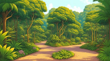A pretty, lush forest with lots of plants and special animals. Illustration, AI Generated