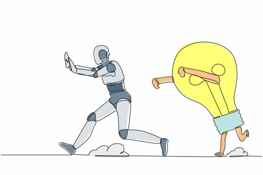 robot running from lightbulb, single line art