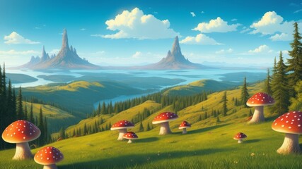 There is a weird and enchanting place where extremely tall mushrooms grow instead of trees. Illustration, AI Generated