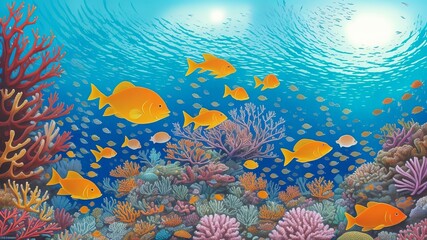 Fototapeta na wymiar A busy coral reef with many bright and colorful sea creatures. Illustration, AI Generated