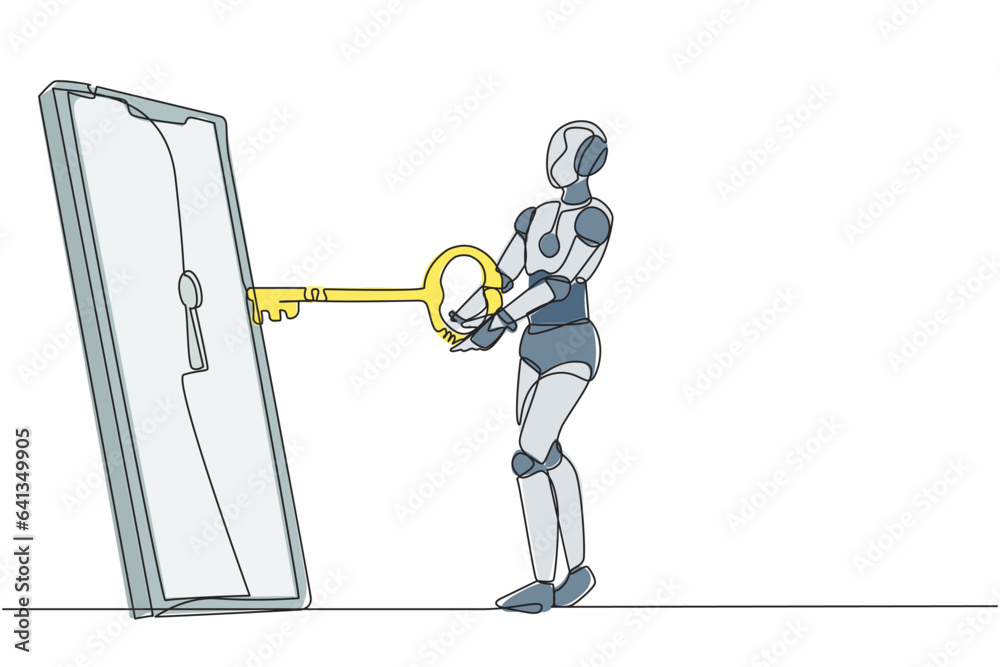 Aufkleber continuous one line drawing robot put key into smartphone. data privacy for protect user from hacker