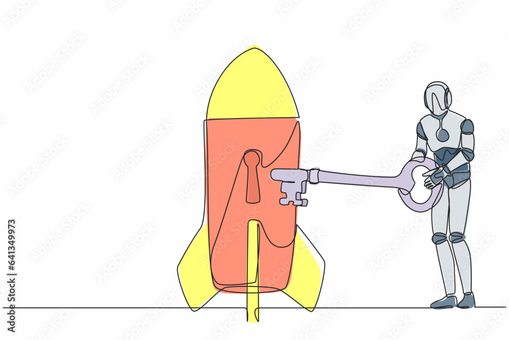 Poster single continuous line drawing robot putting key into rocket. launching new tech business product. r