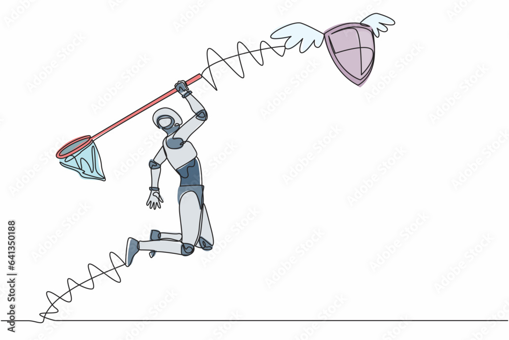 Poster continuous one line drawing robot try to catching flying shield with butterfly net. expensive securi