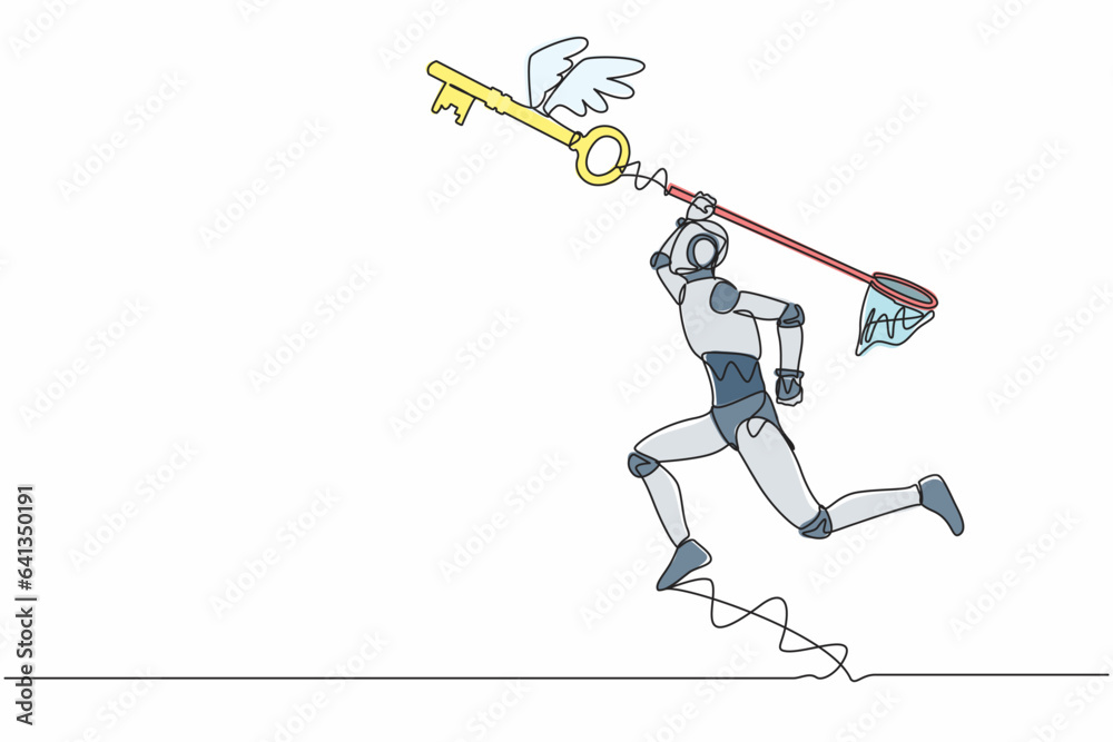 Poster single continuous line drawing robot try to catching flying key with butterfly net. find key to solv