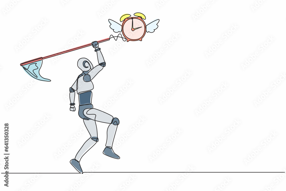 Poster single continuous line drawing robot try to catching flying alarm clock with butterfly net. robot wo