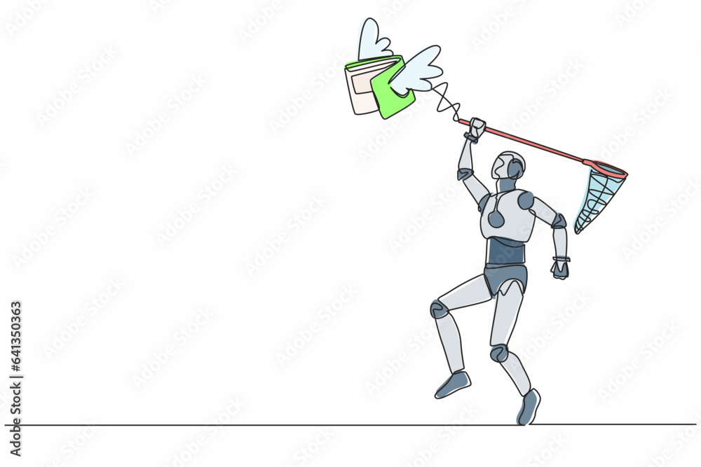 Poster single continuous line drawing robot try to catching flying wallet with butterfly net. losing money 