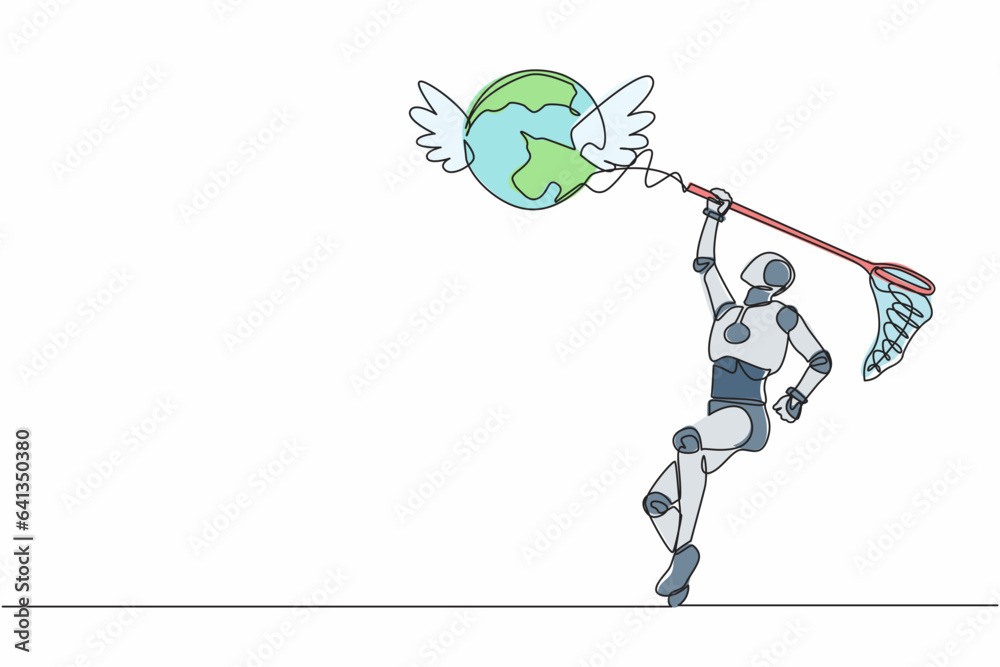 Poster single one line drawing robot try to catching flying globe with butterfly net. business trip and tra