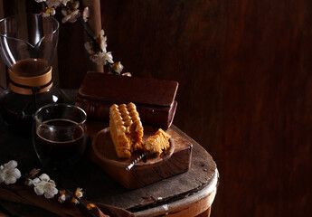 atmospheric still life dessert, dark style