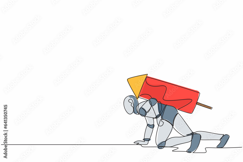 Poster continuous one line drawing robot with rocket on back stand on start ready for tech business race. h