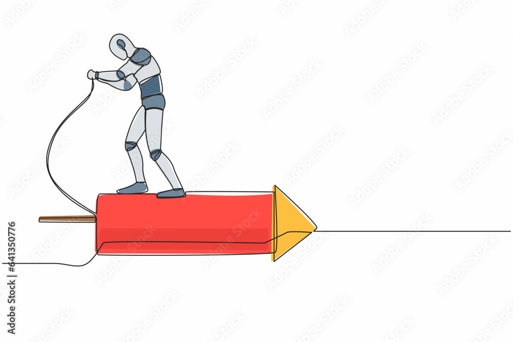 Poster single one line drawing robot standing on the firework rocket and ignite it to boost machine learnin