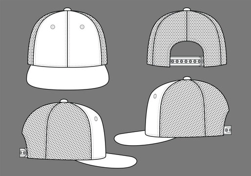 White Hip Hop Cap With Mesh Four Panel Back, SnapBack Strap Closure Template On Gray Background, Vector File