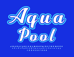 Vector blue banner Aqua Pool with cursive Alphabet Letters an Numbers set. Creative stylish Font