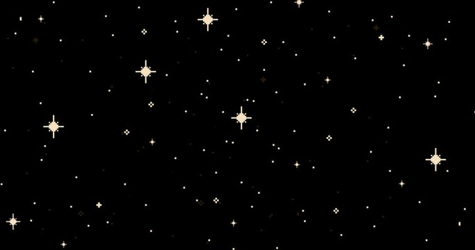 Animation of old style pixel game. Pixel art game background. Ground, grass, sky, tree, clouds and stars. Pixel art Game Design 8 bit video vector. Old school background for game. 