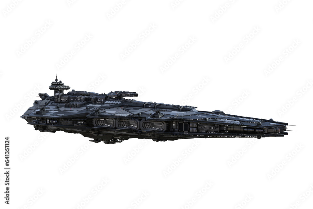 Poster Fantasy science fiction large space ship in flight with open landing bay doors on the side. 3D rendering.
