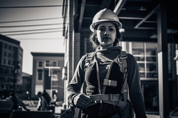 Fototapeta na wymiar Empowered female construction worker at sunrise, artful style. Generated AI