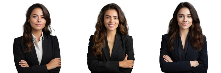 Studio portrait of a smiling young businesswoman in a blazer and blouse confidently posing while looking at the camera with her hand touching her chin against a transparent background - obrazy, fototapety, plakaty