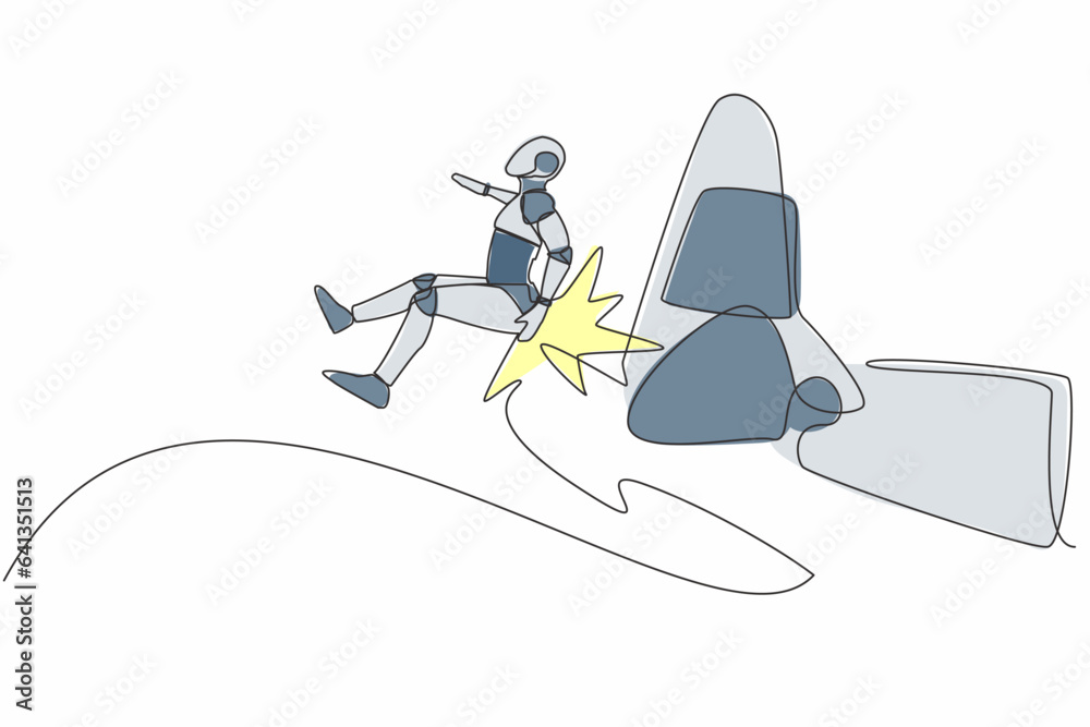 Poster single continuous line drawing robot getting fired, flying through air after being kicked in the bac