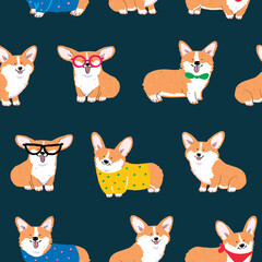 Seamless Pattern with Cute Cartoon Corgi Dog Design on Dark Blue Background