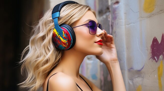 pretty fashion girl on abstract background with headphones, girl listening to music with headphones, fashion girl on abstract background