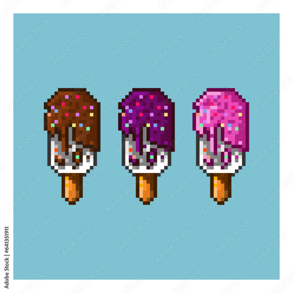 Poster pixel art sets of ice cream with variation taste items asset. jicama ice cream with variation flavou