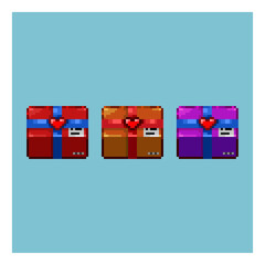 Pixel art sets of valentine's gift box items asset. Red,orange,and purple valentine's gift box on pixelated style.8bits perfect for game asset or design asset element for your game design asset.