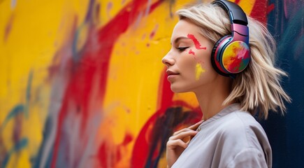 pretty fashion girl on abstract background with headphones, girl listening to music with headphones, fashion girl on abstract background