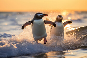 Couple of penguins on the shore in the waves of the Atlantic Ocean - obrazy, fototapety, plakaty