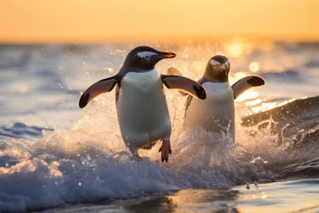 Tuinposter Couple of penguins on the shore in the waves of the Atlantic Ocean © Veniamin Kraskov