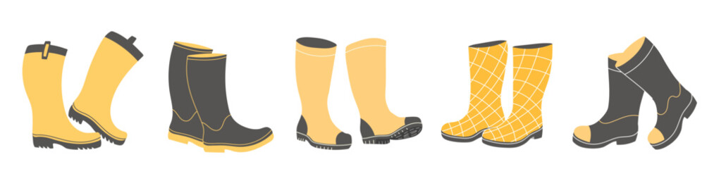 Yellow and black wellies collection. Rubber boots autumn concept. Set of gumboots on a white background. Autumn footwear. Vector - obrazy, fototapety, plakaty
