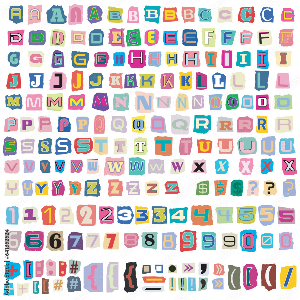Fototapete vector ransom note font cut paper letters, numbers, symbols. cutout letters numbers and symbols from