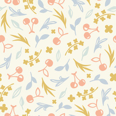 Obraz na płótnie Canvas Vector seamless pattern with cherry, leaves and flowers. Perfect for card, fabric, tags, invitation, printing, wrapping.