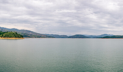 Lake Shasta panorama on a cloudy day