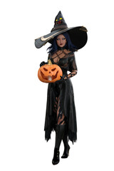 Sexy Halloween witch in black dress with large pointed hat holding a carved pumpkin lantern. Isolated 3D rendering..