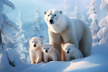 Obraz na płótnie Canvas Polar bear with her cubs on a snowy background