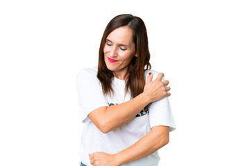 Middle age volunteer woman over isolated chroma key background suffering from pain in shoulder for...