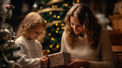 Obraz na płótnie Canvas Mom and daughter decorate Christmas gifts