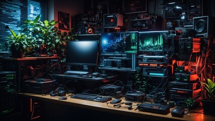 photo of workspace view with lots of computers with lots of electronic equipment with lots of greenery decorations made by AI generative