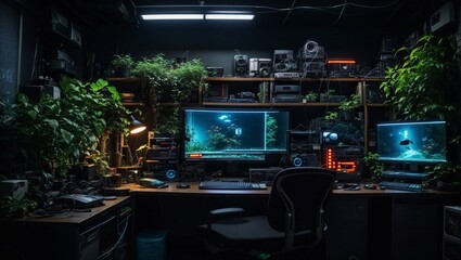 photo of workspace view with lots of computers with lots of electronic equipment with lots of greenery decorations made by AI generative