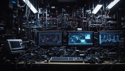 photo of a view of a work room with lots of computers and lots of electronic equipment made by AI generative