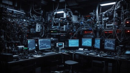 photo of a view of a work room with lots of computers and lots of electronic equipment made by AI generative