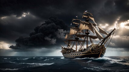 photo of a wooden ship sailing during a storm with black clouds in the background made by AI generative

