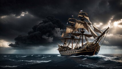 Fototapeta premium photo of a wooden ship sailing during a storm with black clouds in the background made by AI generative