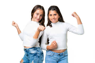 Friends girls holding gift and a birthday cake over isolated chroma key background celebrating a victory
