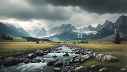 photo of a mountain landscape with a wide green meadow with a beautiful river made by AI generative

