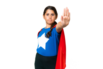 Super Hero girl over isolated chroma key background making stop gesture