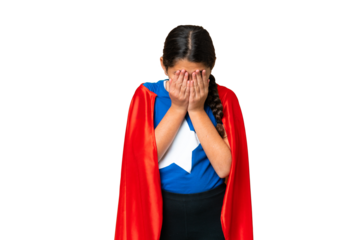 Super Hero girl over isolated chroma key background with tired and sick expression