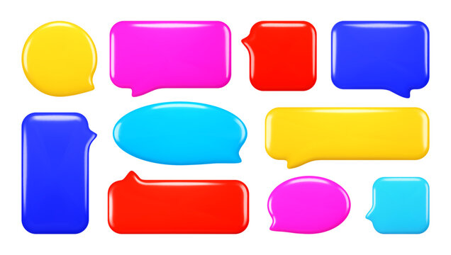 Glossy realistic 3D collection of empty speech bubbles in vibrant colors. Chat and message symbols. Vector illustration