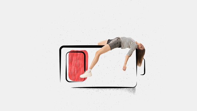 Hard worker. Contemporary art collage of office worker, employee lying on huge low battery symbolizing tiredness, fatigue. Work overload.