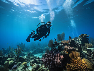 diver submerged in crystal-clear waters, unveiling the mesmerizing beauty of marine life and coral reefs. Perfect for travel brochures